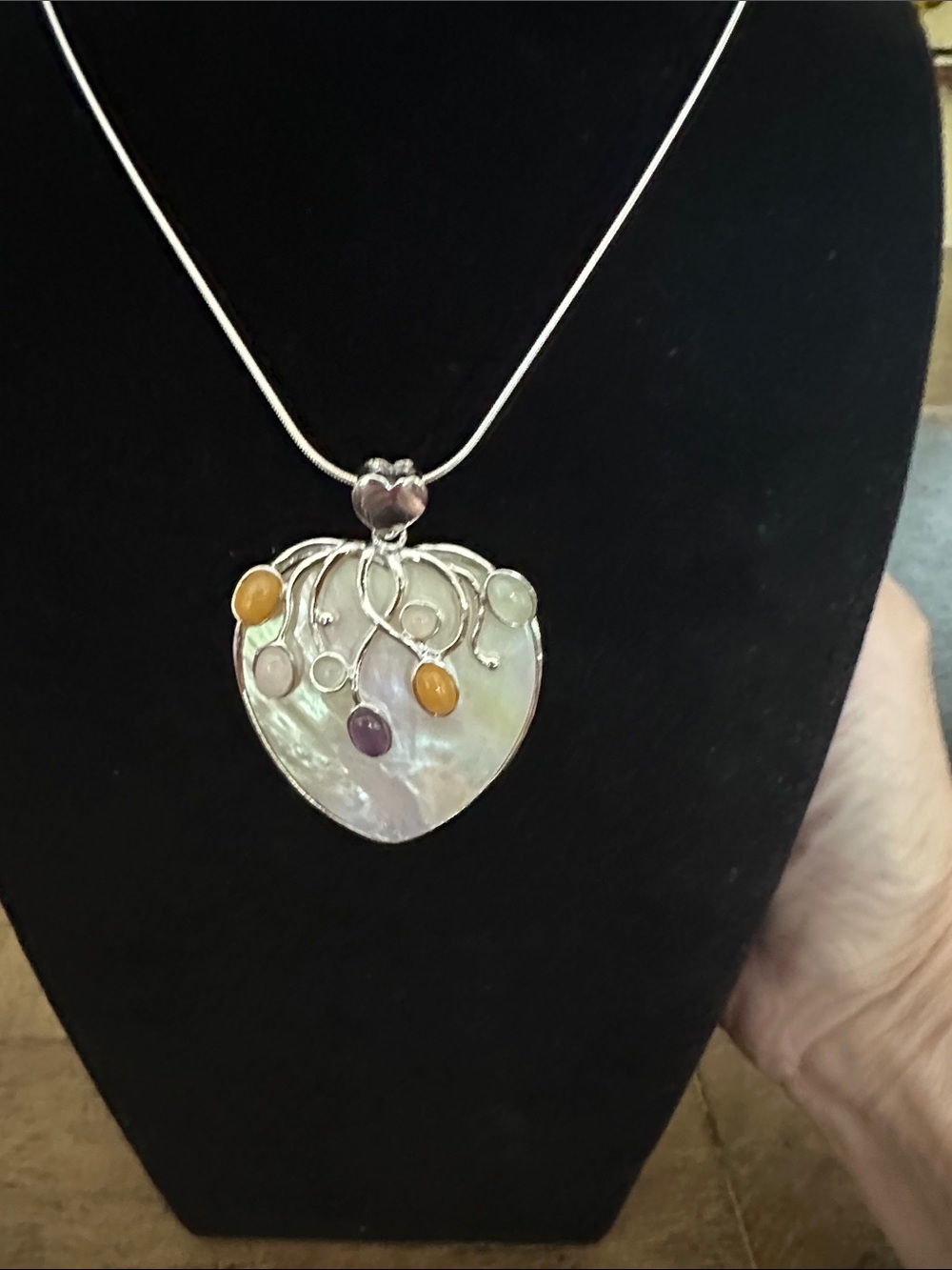 Mother-of-Pearl Heart Pendant Necklace with Multicolor Gem Accents